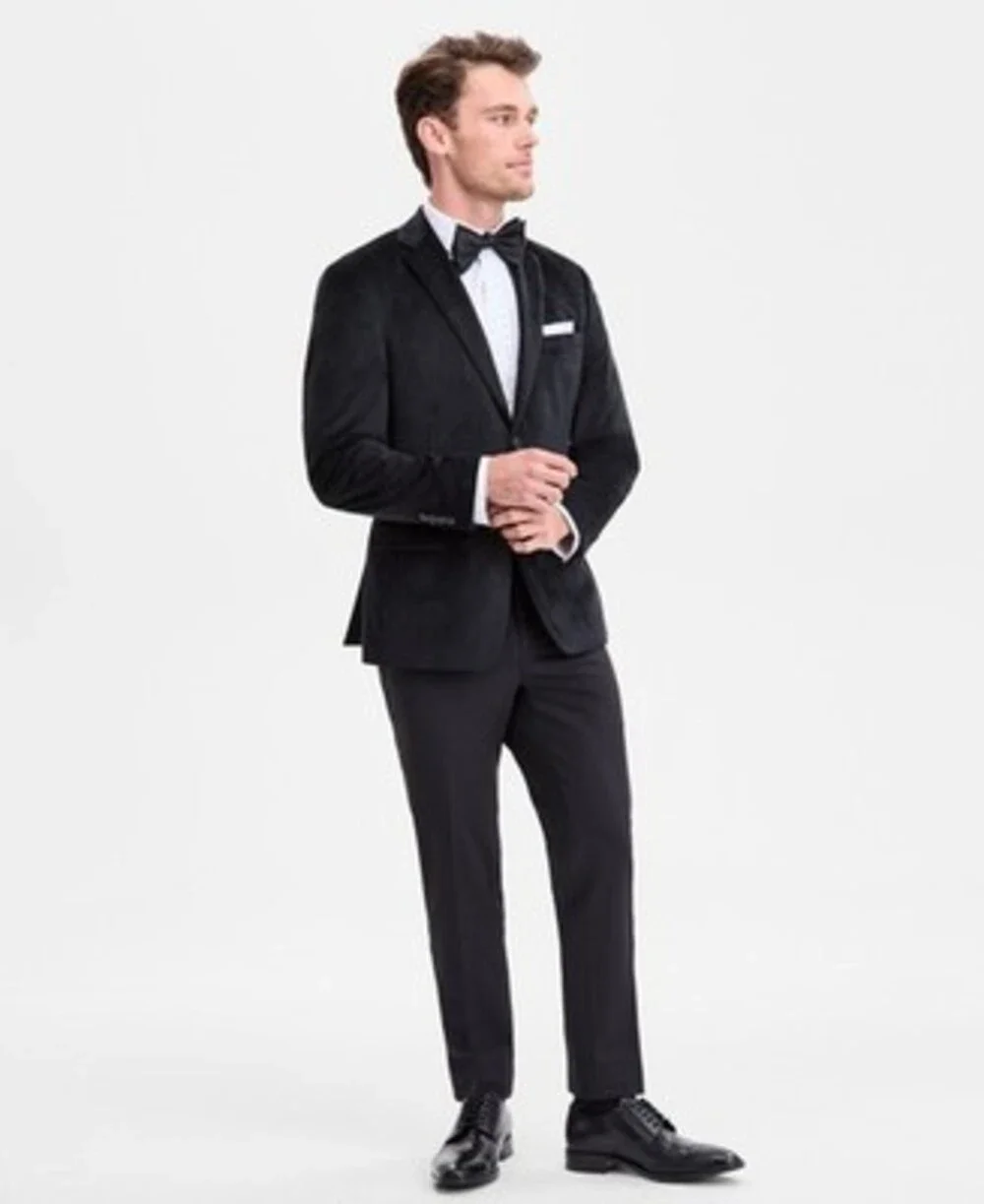 Bar III Slim Fit Velvet Sport Coat Mens 36S Black Notch lapel Two Button Closure